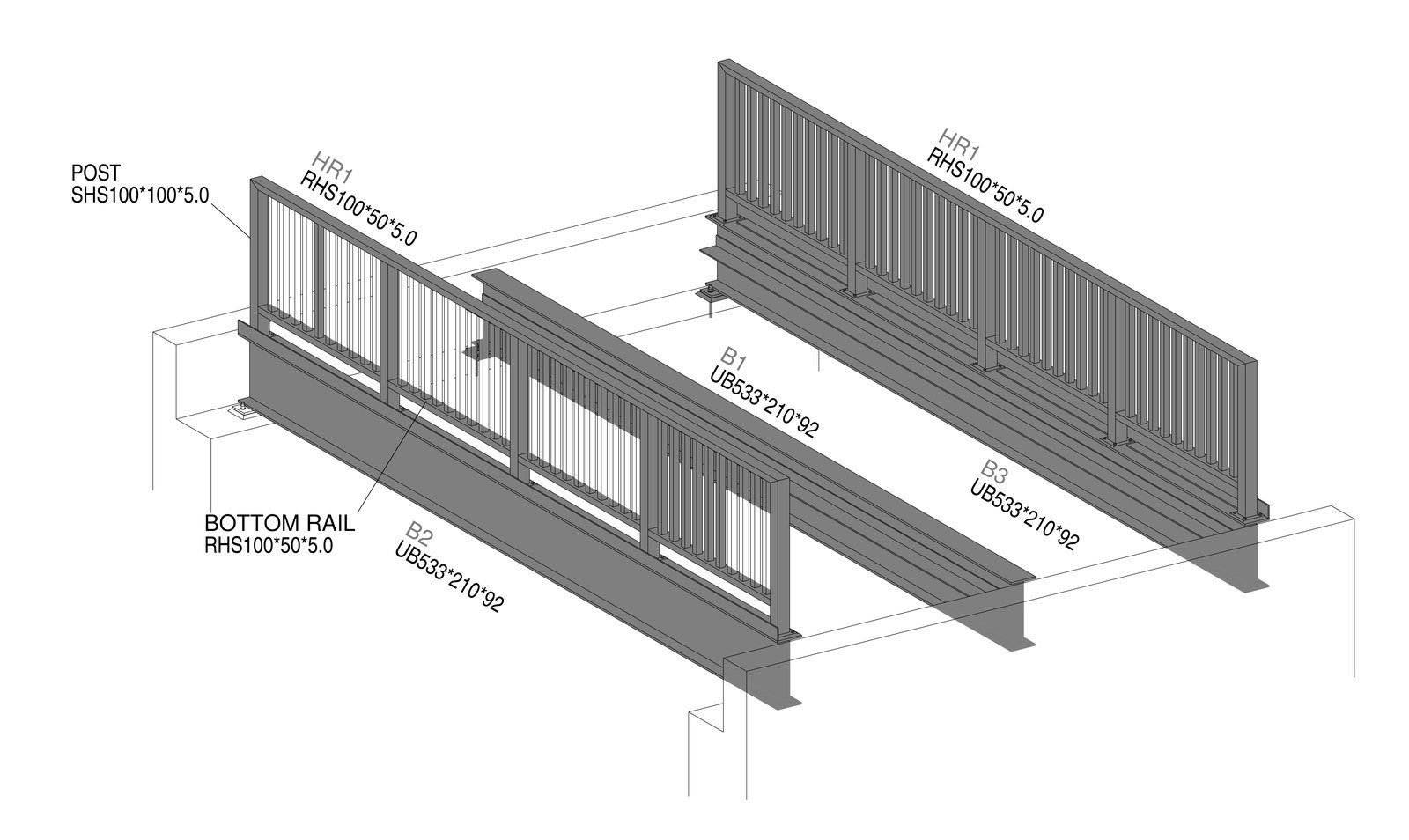 3D view of the Darley Mill bridge: three UB 533 beams with SHS and RHS parapets either side
