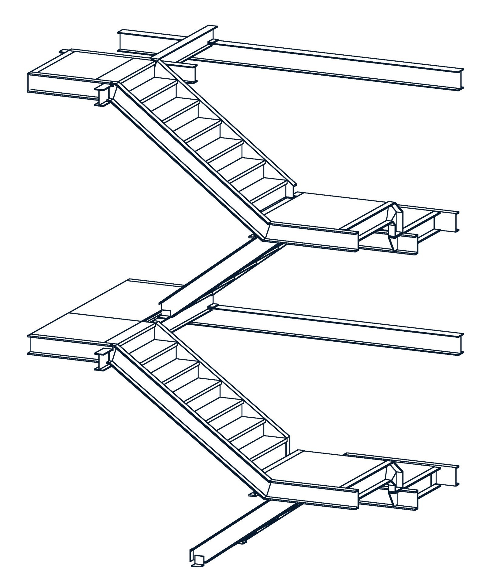 3D view of the Darley Mill main staircase: two storeys of steel flights, half landings and landing beams